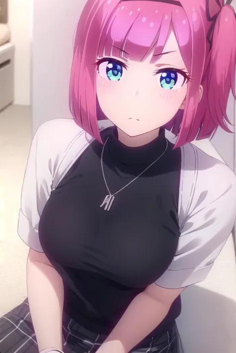 momijimochizuki, <lora:momiji mochizuki s2-lora-nochekaiser:1>,
momiji mochizuki, short hair, blue eyes, ribbon, hair ribbon, pink hair, side ponytail, one side up,
BREAK skirt, shirt, jewelry, necklace, sweater, turtleneck, black sweater, plaid skirt, grey skirt, short sleeves,
BREAK indoors, office,
BREAK looking at viewer, (cowboy shot:1.5),
BREAK <lyco:GoodHands-beta2:1>, (masterpiece:1.2), best quality, high resolution, unity 8k wallpaper, (illustration:0.8), (beautiful detailed eyes:1.6), extremely detailed face, perfect lighting, extremely detailed CG, (perfect hands, perfect anatomy),