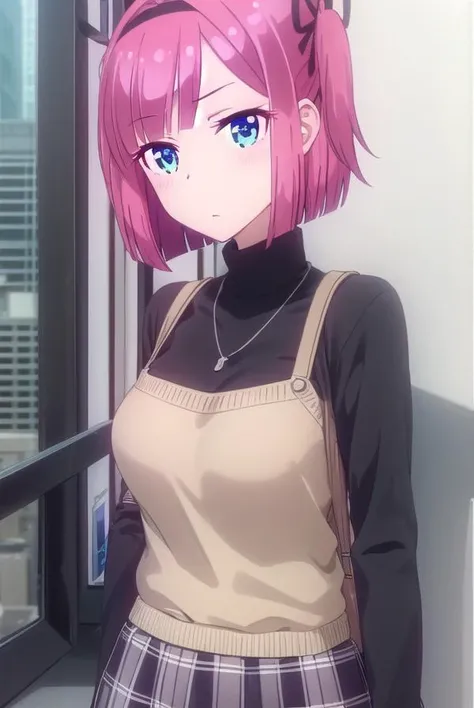 momijimochizuki, momiji mochizuki, short hair, blue eyes, ribbon, hair ribbon, pink hair, side ponytail, one side up,
BREAK skirt, shirt, jewelry, necklace, sweater, turtleneck, black sweater, plaid skirt, grey skirt, short sleeves,
BREAK indoors, office,
BREAK looking at viewer, (cowboy shot:1.5),
BREAK (masterpiece:1.2), best quality, high resolution, unity 8k wallpaper, (illustration:0.8), (beautiful detailed eyes:1.6), extremely detailed face, perfect lighting, extremely detailed CG, (perfect hands, perfect anatomy),