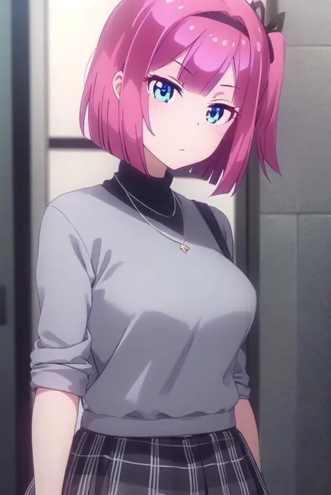 momijimochizuki, <lora:momiji mochizuki s2-lora-nochekaiser:1>,
momiji mochizuki, short hair, blue eyes, ribbon, hair ribbon, pink hair, side ponytail, one side up,
BREAK skirt, shirt, jewelry, necklace, sweater, turtleneck, black sweater, plaid skirt, grey skirt, short sleeves,
BREAK indoors, office,
BREAK looking at viewer, (cowboy shot:1.5),
BREAK <lyco:GoodHands-beta2:1>, (masterpiece:1.2), best quality, high resolution, unity 8k wallpaper, (illustration:0.8), (beautiful detailed eyes:1.6), extremely detailed face, perfect lighting, extremely detailed CG, (perfect hands, perfect anatomy),