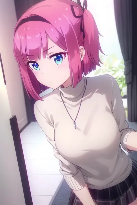 momijimochizuki, <lora:momiji mochizuki s2-lora-nochekaiser:1>,
momiji mochizuki, short hair, blue eyes, ribbon, hair ribbon, pink hair, side ponytail, one side up,
BREAK skirt, shirt, jewelry, necklace, sweater, turtleneck, black sweater, plaid skirt, grey skirt, short sleeves,
BREAK indoors, office,
BREAK looking at viewer, (cowboy shot:1.5),
BREAK <lyco:GoodHands-beta2:1>, (masterpiece:1.2), best quality, high resolution, unity 8k wallpaper, (illustration:0.8), (beautiful detailed eyes:1.6), extremely detailed face, perfect lighting, extremely detailed CG, (perfect hands, perfect anatomy),