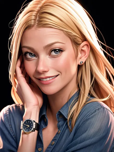 Realistic photo of a beautiful gwyn3thp-v2 woman, 1girl, solo, long hair, smile, blonde hair, simple background, shirt, upper body, parted lips, teeth, lips, looking to the side, black shirt, black background, watch, realistic, nose, wristwatch, soft lighting, professional Photography, Photorealistic, detailed, RAW, analog, sharp focus, 8k, HD, DSLR, high quality, Fujifilm XT3, film grain, award winning, masterpiece<lora:gwyn3thp-v2:1.0>