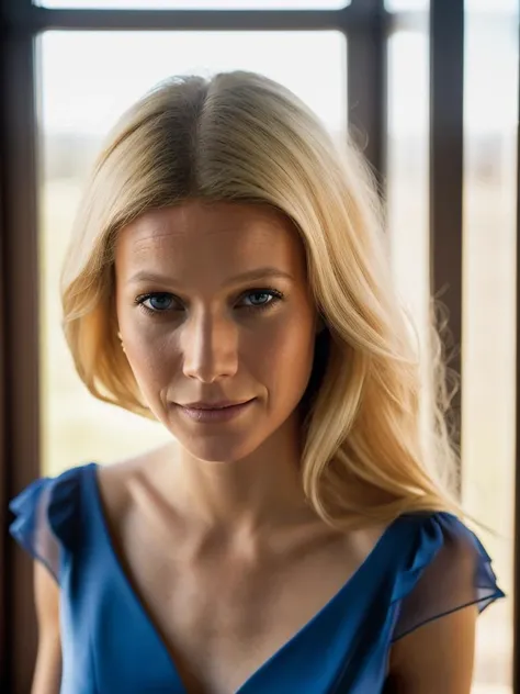 Realistic photo of a beautiful gwyn3thp-v2 woman, 1girl, solo, long hair, looking at viewer, blue eyes, (((blonde hair))), dress, arms up, lips, arms behind head, realistic, soft lighting, professional Photography, Photorealistic, detailed, RAW, analog, sharp focus, 8k, HD, DSLR, high quality, Fujifilm XT3, film grain, award winning, masterpiece<lora:gwyn3thp-v2:1.0>