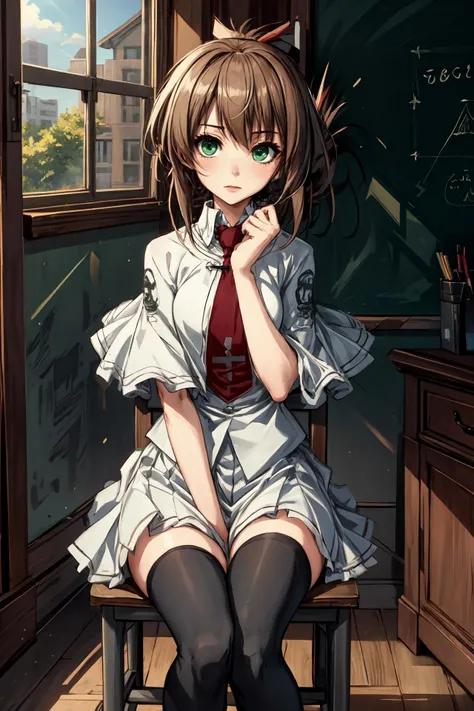 (masterpiece),(best quality), <lora:TachibanaKimika:0.8>, Kimika, green eyes,white skirt, red necktie,folded ponytail, thighhighs, blackboard, sitting, chair, desk next to the window, windows, sunlight, best quality ,<lora:Adddetail:0.7>