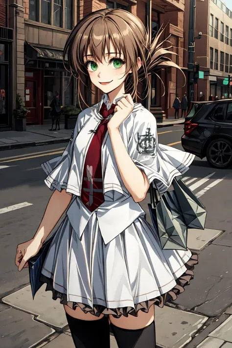 (masterpiece),(best quality), <lora:TachibanaKimika:0.85>, Kimika, Kita school uniform, white skirt, green eyes, red necktie,folded ponytail, thighhighs, street, shops, shopping bag, people big smile, best quality, looking at the viewer, <lora:Adddetail:0.6>