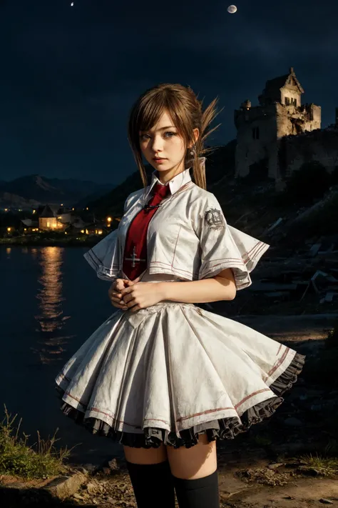 (masterpiece),(best quality), <lora:TachibanaKimika:0.8>, Kimika, Kita school uniform, green eyes,white skirt, red necktie,folded ponytail, thighhighs, beautiful blood moon light, castle, (background with japanese town in ruins:1), lake, mountains, (((night))), <lora:Adddetail:0.7>, looking at the viewer