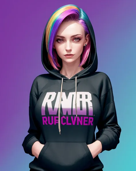 photorealistic, RAW, female, pale skin, hoodie, sleeves past wrists, asymmetrical hair, rainbow hair, background text