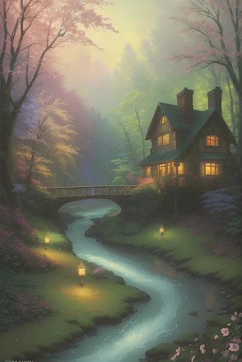 a painting of a river running through a forest, a detailed painting, by Thomas Kinkade, fantasy art, colorful house, iphone wallpaper, spring evening, colorful photograph