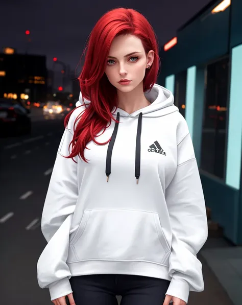 photorealistic, RAW, female, pale skin, hoodie, sleeves past wrists, asymmetrical hair, red hair, projected inset