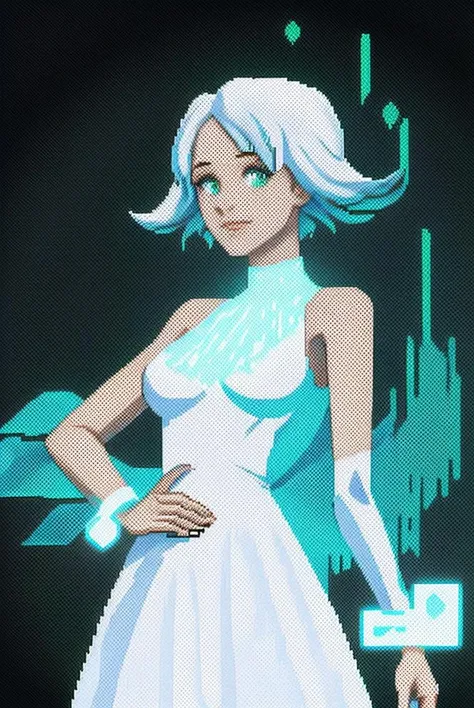 woman, white dress, glow in the dark hair, the style is pixel art with bright colors and dithering effects,