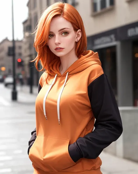 photorealistic, RAW, female, pale skin, hoodie, sleeves past wrists, asymmetrical hair, orange hair, blurry background