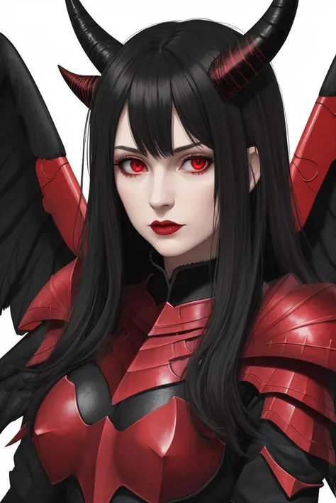 woman, black wings, horns, red armour,