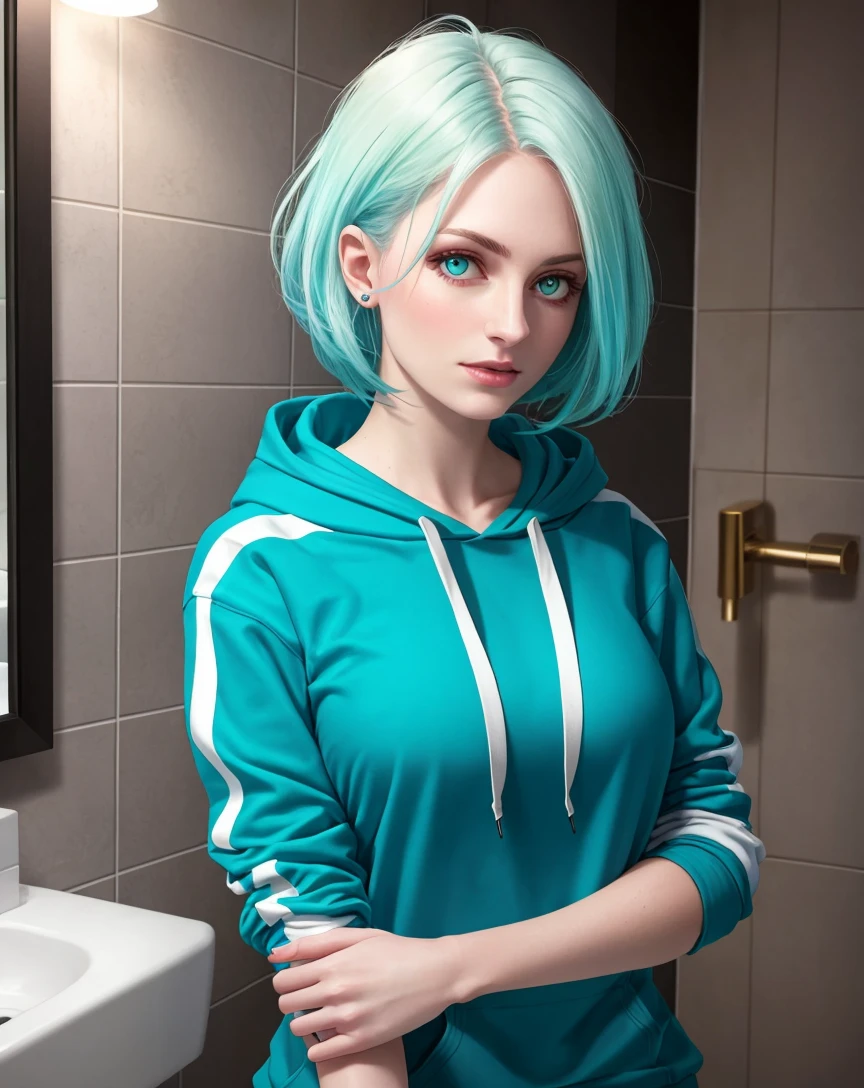 photorealistic, RAW, female, pale skin, hoodie, sleeves past wrists, asymmetrical hair, cyan hair, bathroom