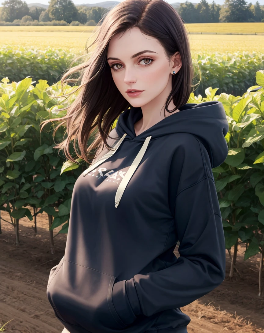 photorealistic, RAW, female, pale skin, hoodie, sleeves past wrists, asymmetrical hair, black hair, farm