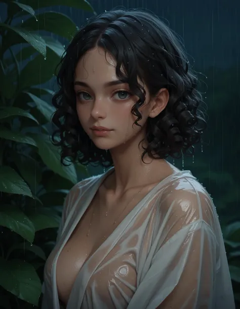 score_9, score_8_up, score_7_up,score_6_up, score_5_up,1girl, looking at the viewer, raining, night, black hair, curls hair, upper body, wet cloth,