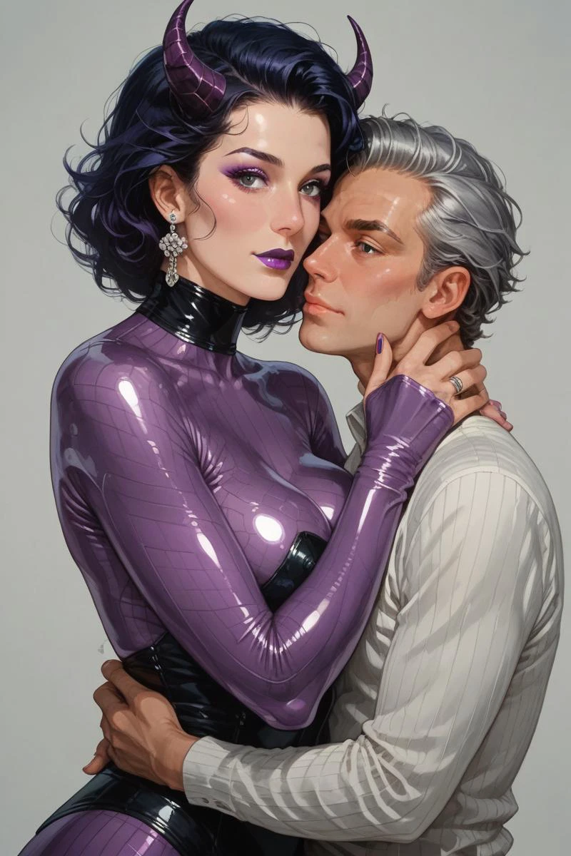 robotic pinup model, (full body view:.5), zPDXL2, score_9, score_8_up, score_7_up, Expressiveh, rating_questionable, retro pinup art by Hajime Sorayama, purple lipstick, violet makeup, voluptuous buxom robot, (ivory chrome metallic skin, latex:1.2), robotic black eyes, indigo robotic horns, touching hair
