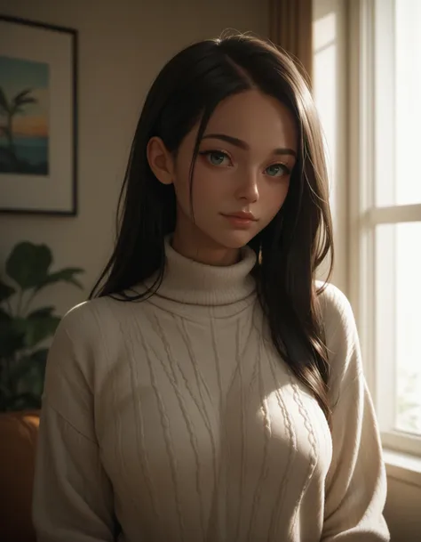 score_9, score_8_up, score_7_up,score_6_up, score_5_up, 1girl, upper body, black long hair, looking at the viewer, Long sleeve sweater, front lighting, living room,