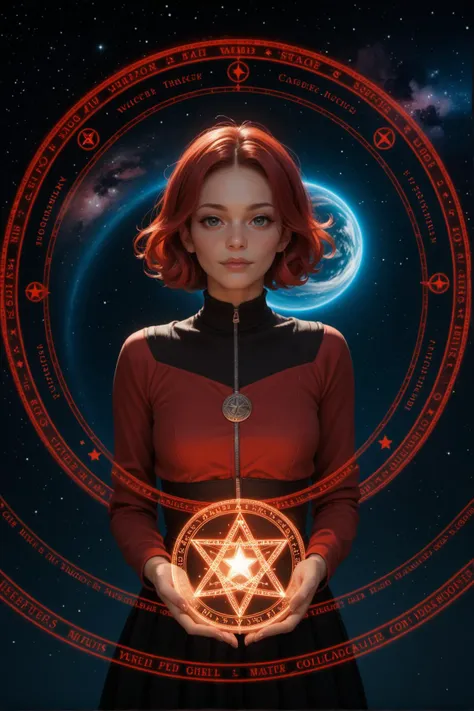 score_9, score_8_up, score_7_up,score_6_up, score_5_up, 1girl, looking at the viewer, red hair,  space, star, magic, Magic Circle