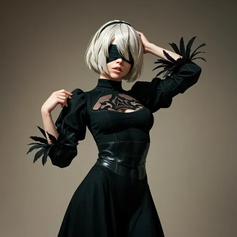 2b \(nier:automata\),medium breasts,hand in hair,parted lips,covered eyes,, zPDXL