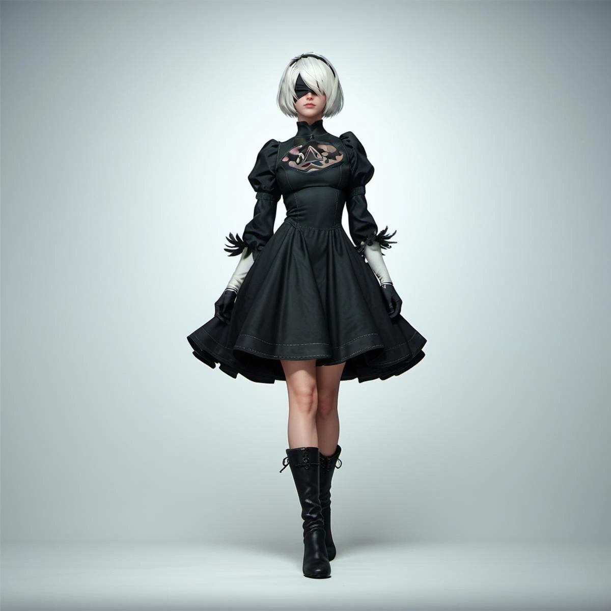 score_9, score_8_up, score_7_up,score_6_up, score_5_up, 2b_(nier:automata), nier_(series), 1girl, white_hair, covered_eyes, black dress, full body, boots,