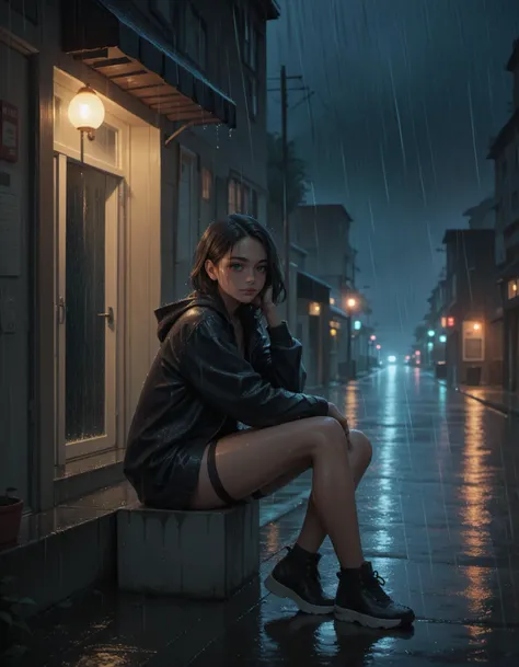 score_9, score_8_up, score_7_up,score_6_up, score_5_up,1girl, looking at the viewer, raining, night, street, sitting,