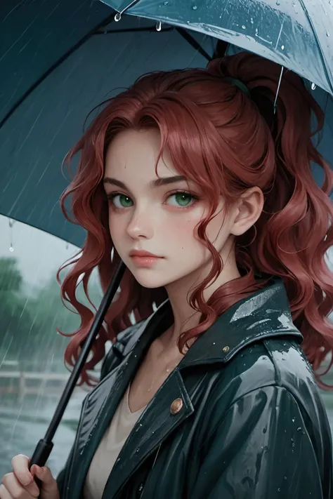 score_9, score_8_up, score_7_up,score_6_up, score_5_up, 1girl with long wavy red hair in ponytail, green eyes, holding blue umbrella, outside, rain, looking at viewer, portrait