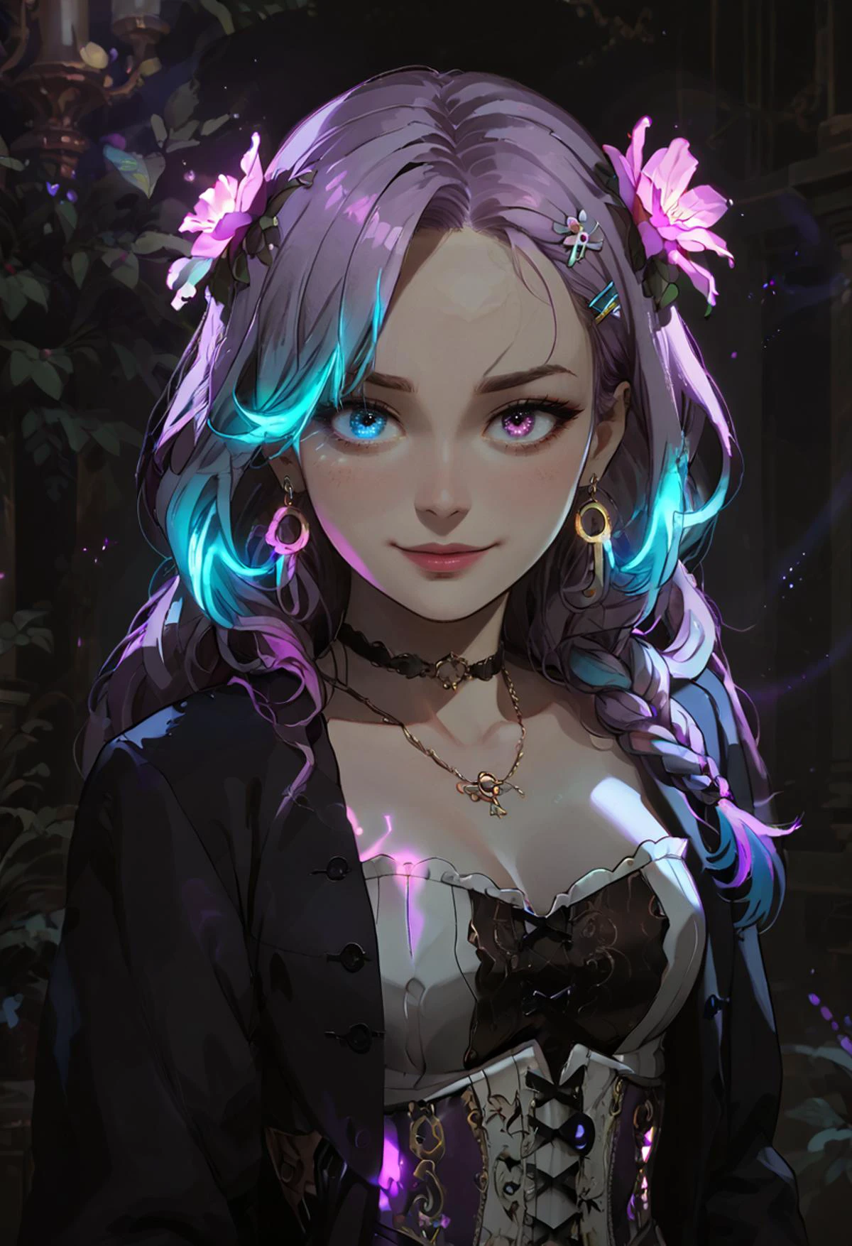 score_9, score_8_up, score_7_up, masterpiece art , (cowboy shot, face focus), heterochromia, purple eyes, blue eyes, aroused, smug, naughty face, ear piercing, earrings, gradient hair, light blue hair, light purple hair, braided bangs, long hair, pointy hair, hair clip, hair flower, hair intakes, pink lips, makeup, choker, necklace, pale skin, medium breasts, black trench coat, purple corset, strapless, strapless corset, white belt, <lora:easynegative:1> <lora:Expressive_H:1> <lora:age_slider_v4:2.0> <lora:StS_detail_slider_v1:2> <lora:xl_more_art-full_v1:0.25> <lora:incase-ilff-v3-4:0.65> <lora:c0l0urgl0wXLP:1.0> c0l0urgl0w, glowing, <lora:IngAnimePony:0.3> <lora:WasurePony:0.3> <lora:Rembrandt Lighting style v2:1> rembrandt, lighting <lora:Fluorescent lighting style:1> fluorescent, lighting <lora:lowlight:0.8>