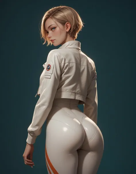 score_9, score_8_up, score_7_up,score_6_up, score_5_up, 1girl, short hair, looking back at the viewer, from behind, white bodysuit, short jacket,