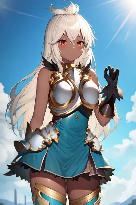 masterpiece, best quality, absurdres, perfect anatomy, 1girl, solo, Zooey, dark skin, ZooeyBase, long hair, thighhighs, black gloves, bare shoulders, blue dress, armored dress, breastplate, armor, standing, cowboy shot, smile