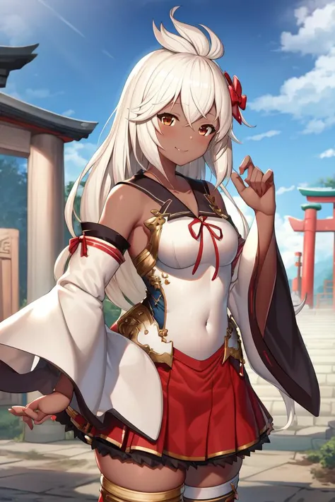 masterpiece, best quality, absurdres, perfect anatomy, 1girl, solo, Zooey, dark skin, ZooeyEvent, long hair, red skirt, white thighhighs, hair bow, detached sleeves, wide sleeves, smile, temple gate, shrine scene