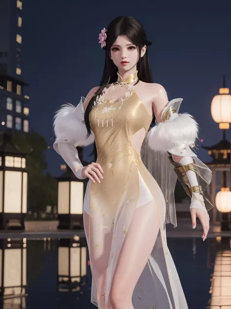 WZRYyaoZMCLY, 1girl, solo, black hair, jewelry,midriff, black eyes, hat, lips, detached sleeves,necklace, looking at viewer,dress,clothing cutout,wide sleeves, <lora:WZRYyaoZMCLYxxxxx:0.75>,cityscape, night, looking at viewer, mature female, pool, hand on hip, light smile, makeup,