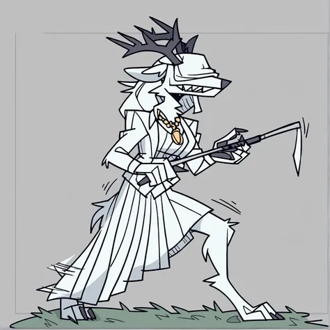 1girl, full body, <lora:Vicar Amelia (Bloodborne)_epoch_7:1>anthro bbvicamelia,white fur, fluffy fur, sharp teeth, claws, paws, digitigrade, golden pendant necklace, formal suit, playing golf, holding a golf club, outside at a golf course with green grass, motion lines
, vantaker <lora:Helltaker-15:1>, detailed, masterpiece,score_9, best quality