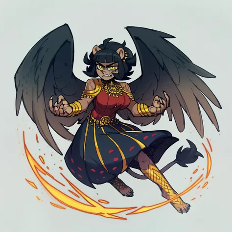 score_9_up, score_8_up, score_7_up, dynamic pose, full body, 1girl, -monster girl, black hair, blunt bangs, yellow eyes, Eye of Horus, makeup, tan skin, feathered wings, lion tail, large breasts
, <lora:Vanitaker:1>, vanitaker