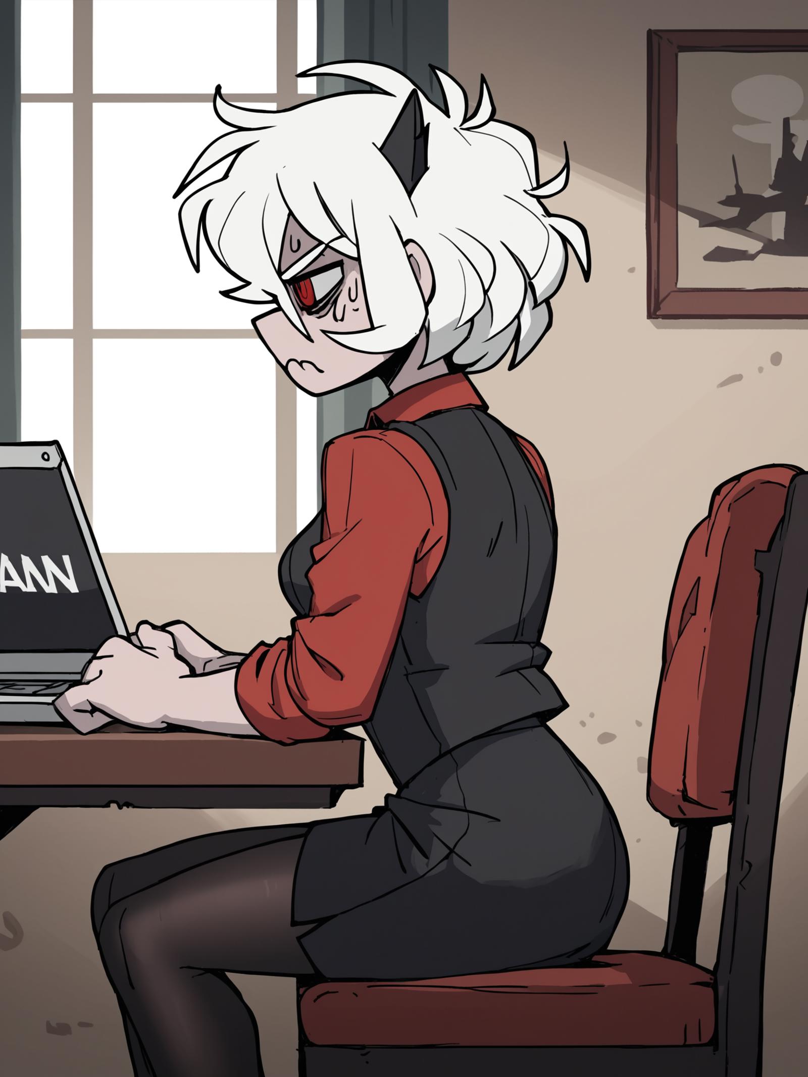 Anime girl sitting at a desk with a laptop computer - SeaArt AI