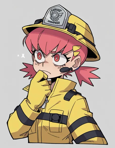 zPDXL, score_9, score_8_up, score_7_up, source_anime, 8k, absurdres, 
1girl, solo,  <lora:Vanitaker:1> vanitaker, Pokemon, Whitney, twintails, pink hair, short hair, small breasts, firefighter wearing High-visibility coat with reflective tape, utility pants with reinforced stitching, firefighter helmet with communication headset, waterproof boots, multi-tool, upper body, portrait,