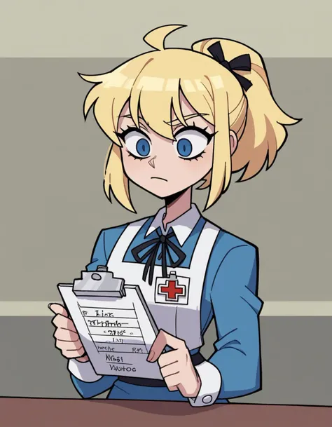 zPDXL, score_9, score_8_up, score_7_up, source_anime, 8k, absurdres, 
1girl, solo,  <lora:Vanitaker:0.8> vanitaker, Alice in Wonderland, blonde hair, child, ***********, doctor wearing a medical uniform top,khakis,professional shoes, clipboard, upper body, portrait,