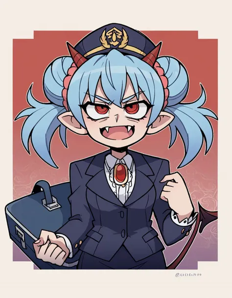 zPDXL, score_9, score_8_up, score_7_up, source_anime, 8k, absurdres,
1girl, solo, <lora:Vanitaker:1> vanitaker, <lora:Nullantwins:0.8> Zhuu, blue hair, red eyes, pointy ears, fangs, large fangs, red horns, demon tail, small breasts, (double bun, twintails),, flight attendant wearing Contemporary lavender uniform with a draped blouse, midi skirt, patterned stockings, lavender flats, flight attendant hat, rolling suitcase, upper body, portrait,