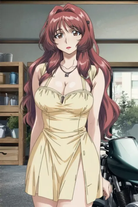 ((best quality)), ((highly detailed)), masterpiece, (detailed eyes, deep eyes), (1girl), cowboy shot, <lora:kozue_takama_v1:1>, kozue_takama, long hair, brown eyes, large breasts, red lips, BREAK, (yellow dress), necklace, (indoors, in a garage, motorcycle)