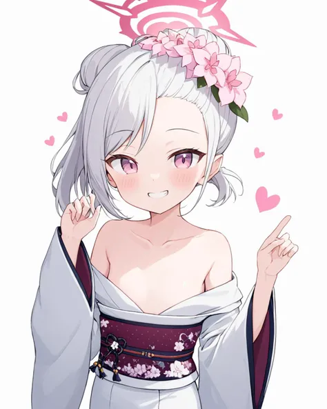 mutsuki \(new year\) \(blue archive\),1girl, solo, white_kimono, halo, white_background, looking_at_viewer, hair_flower, single_hair_bun, simple_background, long_sleeves, wide_sleeves, grin, off_shoulder, heart, obi, small_breasts, blush, collarbone, kimono_pull, body_writing, pink_flower
<lora:mutsuki_(blue_archive)_image832_2023-11-18_spv-000025:1>. gorgeous,key visual, vibrant, studio anime,award-winning, professional, highly detailed,high budget, cinemascope