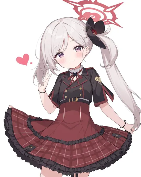 mutsuki \(blue archive\),1girl, solo, side_ponytail, halo, looking_at_viewer, heart, blush, black_flower, red_skirt, smile, :p, hand_up, white_background, frilled_skirt, hair_flower, short_sleeves, simple_background, plaid, closed_mouth, hair_scrunchie, gradient_background, gradient
<lora:mutsuki_(blue_archive)_image832_2023-11-18_spv-000025:1>. gorgeous,key visual, vibrant, studio anime,award-winning, professional, highly detailed,high budget, cinemascope