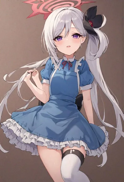 masterpiece, best quality, mutsuki \(blue archive\), halo, side ponytail, long hair, white hair, hair ornament, hair flower, black flower, purple eyes, small breasts, elf, alicecos, highs, legwear, hair ribbon, blue dress, "short sleeves, frills apron, puffy short sleeves