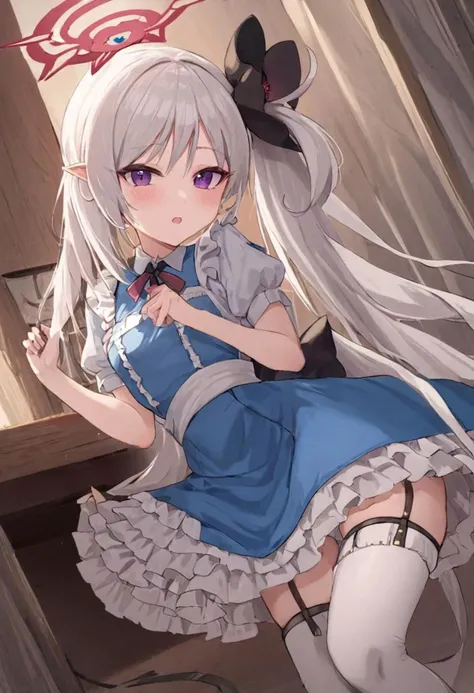 masterpiece, best quality, mutsuki \(blue archive\), halo, side ponytail, long hair, white hair, hair ornament, hair flower, black flower, purple eyes, small breasts, elf, alicecos, highs, legwear, hair ribbon, blue dress, "short sleeves, frills apron, puffy short sleeves