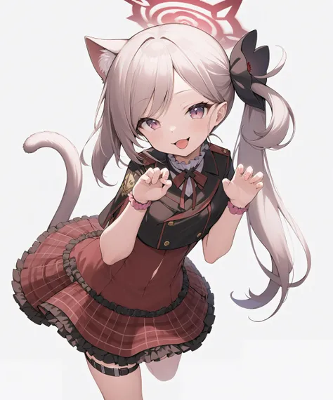 mutsuki \(blue archive\),1girl, cat_tail, paw_pose, solo, halo, white_background, side_ponytail, simple_background, plaid_skirt, cat_girl, looking_at_viewer, red_skirt, tongue_out, frilled_skirt, hair_ornament, thigh_strap, scrunchie, kemonomimi_mode, smile, short_sleeves,. gorgeous,key visual,vibrant,studio anime,award-winning,professional,highly detailed,high budget,cinemascope, <lora:mutsuki_(blue_archive)_image832_2023-11-18_spv-000025:1>