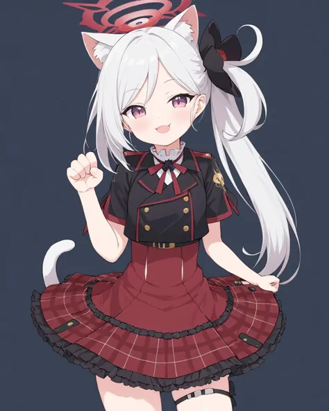 mutsuki \(blue archive\),1girl, cat_tail, paw_pose, solo, halo, white_background, side_ponytail, simple_background, plaid_skirt, cat_girl, looking_at_viewer, red_skirt, tongue_out, frilled_skirt, hair_ornament, thigh_strap, scrunchie, kemonomimi_mode, smile, short_sleeves
<lora:mutsuki_(blue_archive)_image832_2023-11-18_spv-000025:1>. gorgeous,key visual, vibrant, studio anime,award-winning, professional, highly detailed,high budget, cinemascope