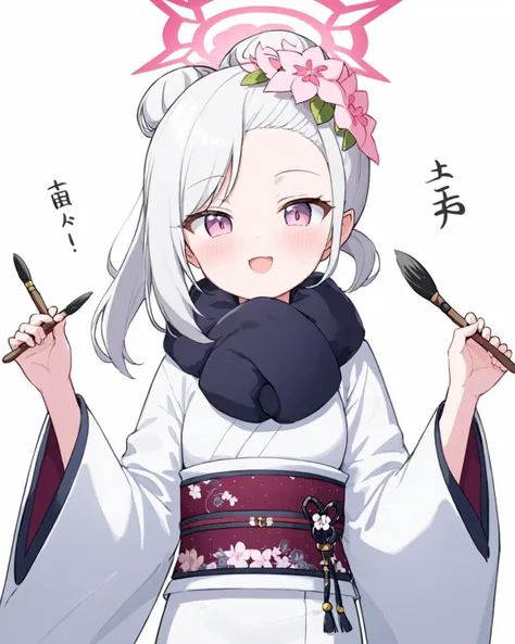 mutsuki \(new year\) \(blue archive\),1girl, white_kimono, halo, solo, hair_flower, wide_sleeves, looking_at_viewer, obi, pink_flower, :d, holding_brush, long_sleeves, blush, calligraphy_brush, fur_collar, open_mouth, single_hair_bun, white_background, hands_up, holding_paintbrush
<lora:mutsuki_(blue_archive)_image832_2023-11-18_spv-000025:1>. gorgeous,key visual, vibrant, studio anime,award-winning, professional, highly detailed,high budget, cinemascope