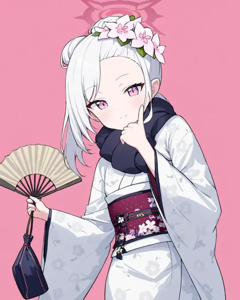 mutsuki \(new year\) \(blue archive\),1girl, obi, solo, white_kimono, wide_sleeves, halo, hair_flower, holding_fan, holding_bag, looking_at_viewer, long_sleeves, floral_print, official_alternate_costume, folding_fan, single_hair_bun, pink_background, covering_mouth, simple_background, print_kimono
<lora:mutsuki_(blue_archive)_image832_2023-11-18_spv-000025:1>. gorgeous,key visual, vibrant, studio anime,award-winning, professional, highly detailed,high budget, cinemascope