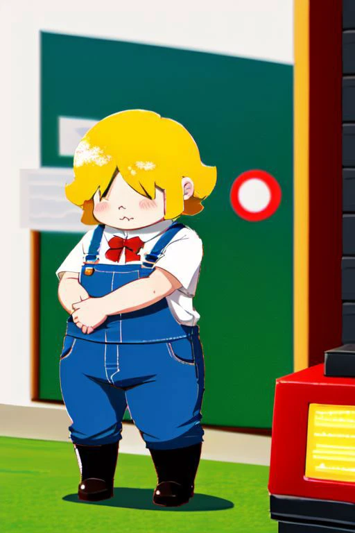 Porky Minch, Earthbound, Porky Bot, Pokey Bot, Mother 3, 1boy, chubby, fat, cute, chibi, red bowtie, blue overalls, white button up shirt. He has blonde hair covering his eyes, short hair, round chubby cheeks, very cute, chibi, digital clock tattoo 02 on neck