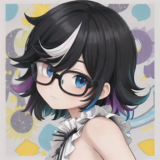 masterpiece, best quality, solo, 1other, androgynous, 1boy, heterochromia, 
 blue eyes, grey eyes, medium hair, black hair, bangs, hair between eyes, flipped hair, hair over eyes, multicolored eyes, colorful, frills, cute, petite, hair flaps, glasses, x hair ornament, (sleveless:1.3), shy