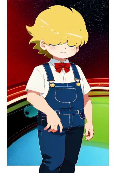 Porky Minch, Earthbound, Porky Bot, Pokey Bot, Mother 3, 1boy, chubby, fat, cute, chibi, red bowtie, blue overalls, white button up shirt. He has blonde hair covering his eyes, short hair, round chubby cheeks, very cute, chibi