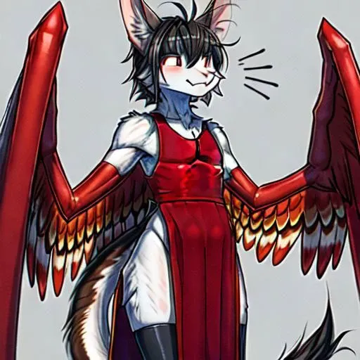 3/4_view
sleeveless_dress, lingeriedresschinese, red_and_green_dress, long_dress, 2_legs, thigh_high_leggings, thigh_high_gloves, 2_wings, no_arms, no_elbows, no_forearms, no_biceps, wing_arms, avian_wings, wings_for_arms, wings_only, massive_wings 1_girl, black_hair, hair_over_eyes, ambiguous_gender, androgynous, chubby, chubby_face, ((waist_up_view, upper_body_focus)), yellow_feathers, flat_chest, masculine_chest, male_chest, no_breasts, no_arms, harpy large_wings, ((short_snout, feline_face, feline_nose)), symmetrical_limbs, ((1_tail, yinglet_tail, long_tail, slender_tail, tapered_tail, feather_tipped_tail)), cat_ears, short_snout, highly_detailed_face, highly_detailed_wings, masterpiece_quality <lora:animeHarpy_v10:1> (best_quality, high_quality, very_detailed_image, highly_complex_details) (antiSketchV1)