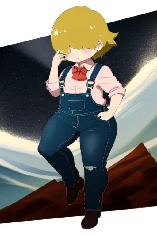 Porky Minch, Earthbound, Porky Bot, Pokey Bot, Mother 3, 1boy, chubby, fat, cute, chibi, red bowtie, blue overalls, white button up shirt. He has blonde hair covering his eyes, short hair, round chubby cheeks, very cute, chibi, digital clock tattoo 02 on neck, blue pants, shorter hair